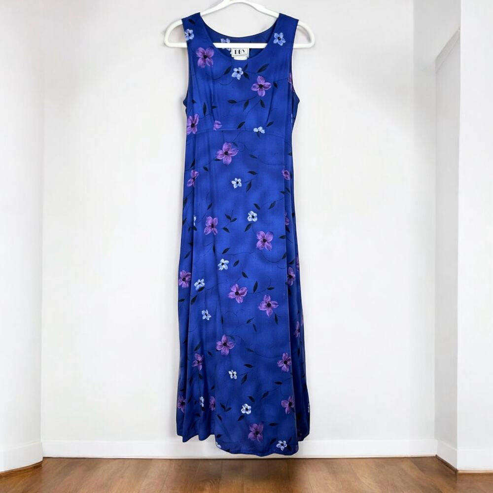 Vintage 90s Floral Corset Tie Back Long Maxi Dress Blue Purple Sleeveless 9/10